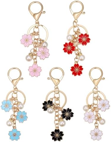 DELORIGIN 16pcs Flowers Charms Keychains, 8 Colors Alloy Enamel
